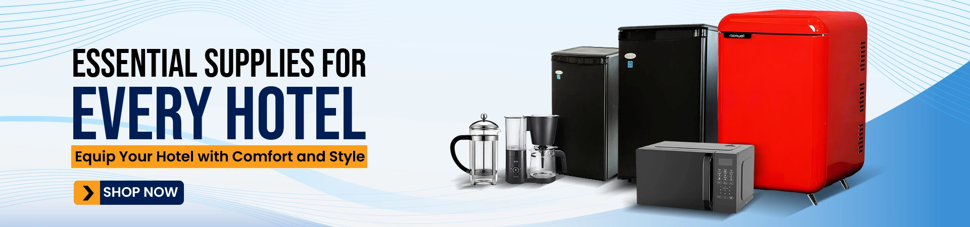 Essential hotel supplies including black and red mini fridges, microwave, coffee maker, showcasing convenience and style for modern guest rooms.